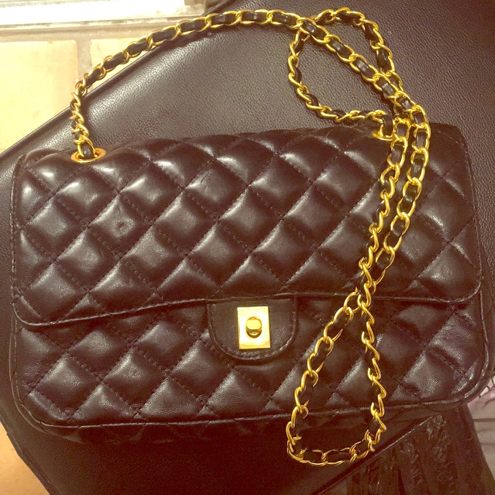 Black Quilted Purse with Gold Chain
